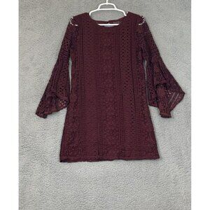 Altar'd State Women's Boho Lace Burgundy Long Sleeve Open Back Crew Neck Dress